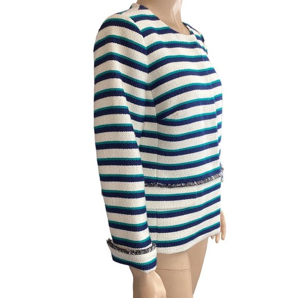 Talbots Striped Fringe Trim Jacket Size 6 Long Sleeve Blue & White Coat - Picture 5 of 7